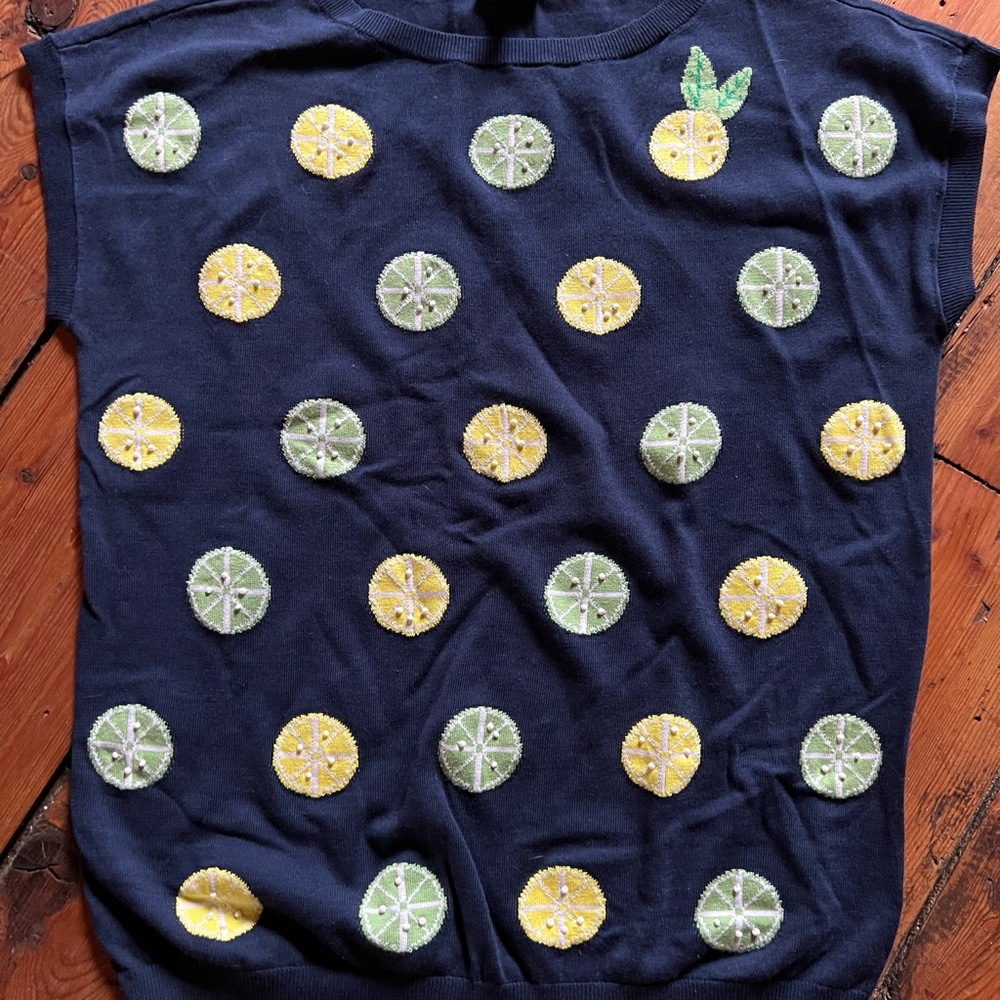 Talbots adorable navy vest with lemon and lime slices. Medium